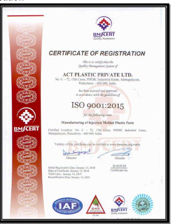 ISO 9001:2015 Certificate - ACT Plastic Private Limited